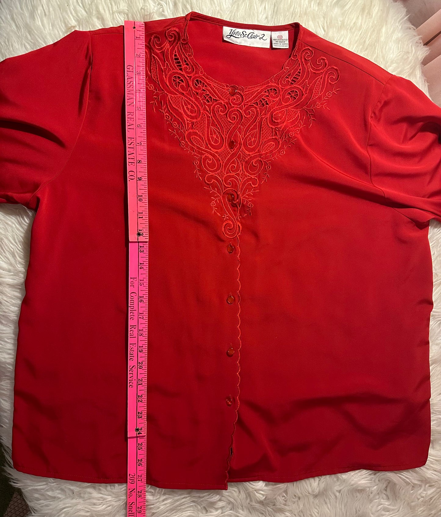 Vintage 80s Yves St. Clair Red Embroidered Blouse Long Sleeve Size 20W Holiday
