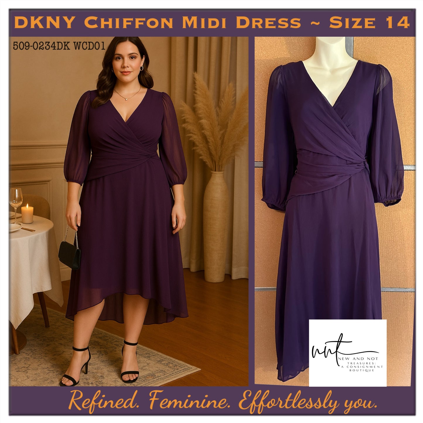 DKNY Purple Chiffon Fit & Flare Midi Dress 3/4 Sleeve Knot Front Sz 14DKNY Purple Chiffon Fit & Flare Midi Dress 3/4 Sleeve Knot Front Sz 14