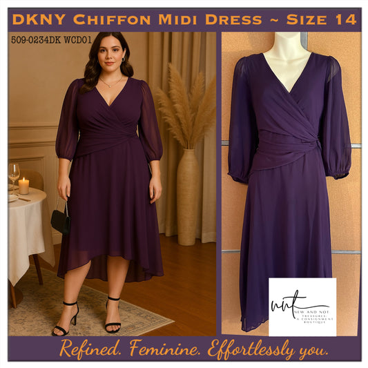 DKNY Purple Chiffon Fit & Flare Midi Dress 3/4 Sleeve Knot Front Sz 14DKNY Purple Chiffon Fit & Flare Midi Dress 3/4 Sleeve Knot Front Sz 14