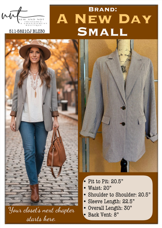 A New Day Houndstooth Blazer Women’s Small Brown Taupe Longline Jacket Lined