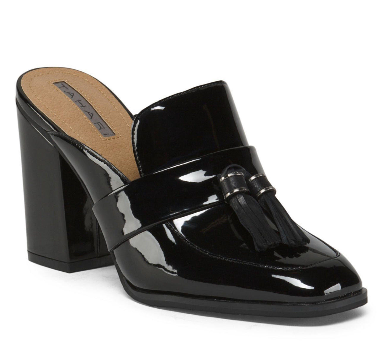 Tahari Zalla Black Patent Tassel Mules Slip-On Block Heel Loafers Size 9 EUC