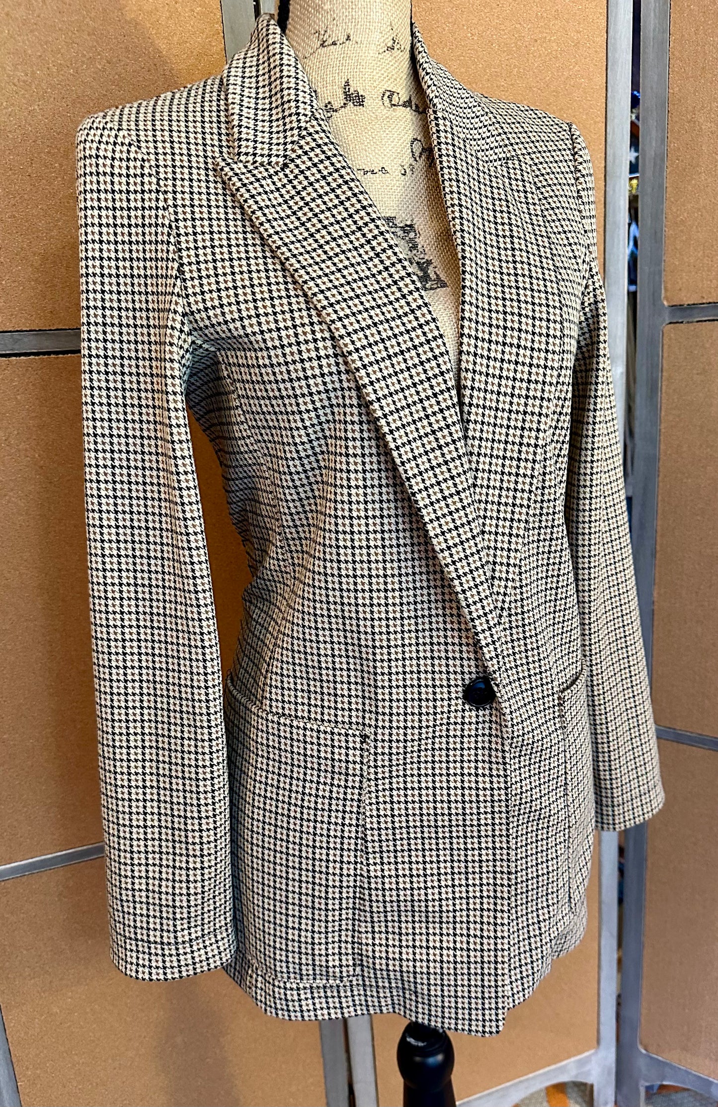 H&M Brown Black Houndstooth Stretch Knit Blazer One Button Unlined Size 4