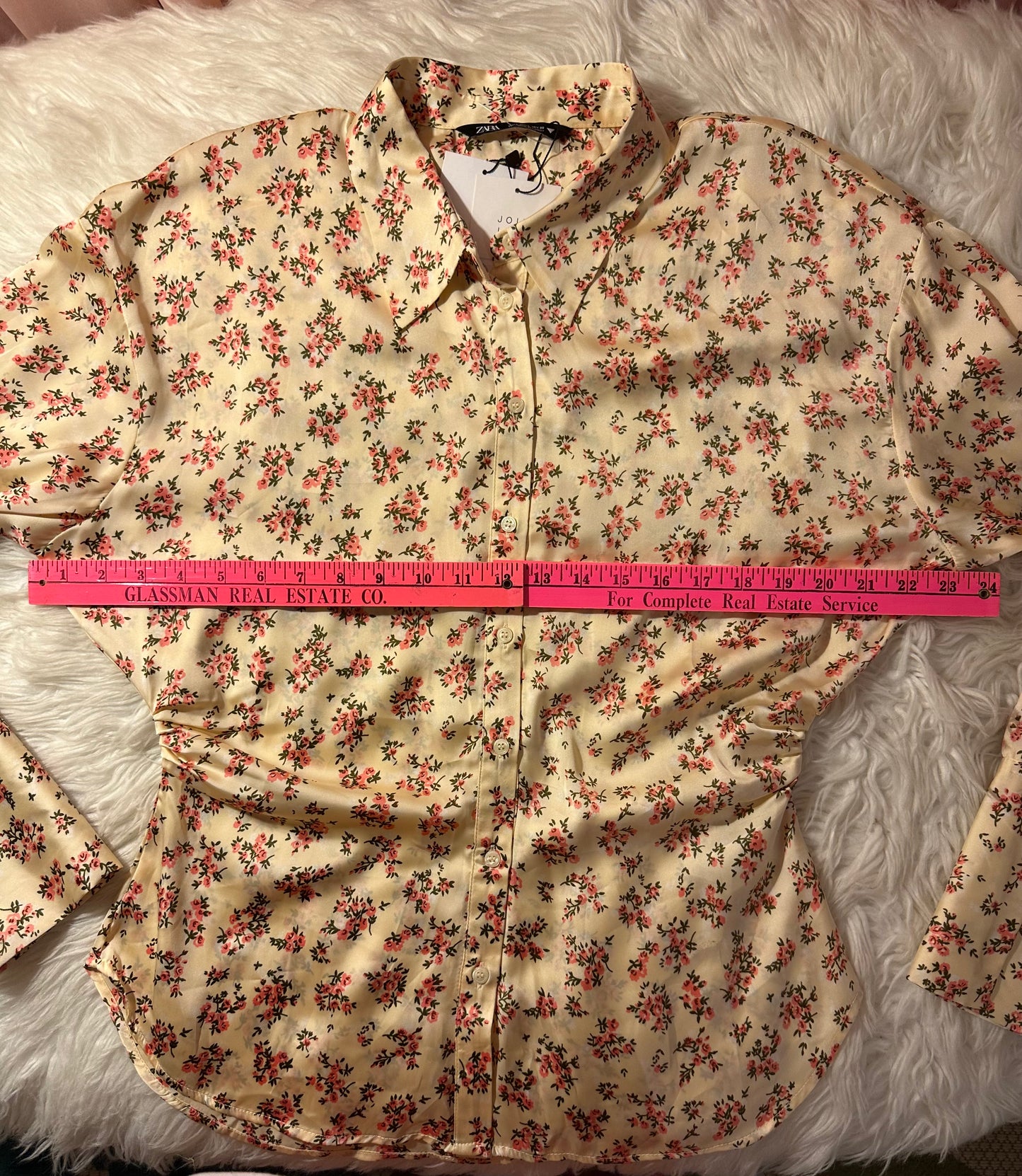 ZARA NWT Floral Satin Blouse Cream Pink Print Long Cuff Ruched Sides Size Large