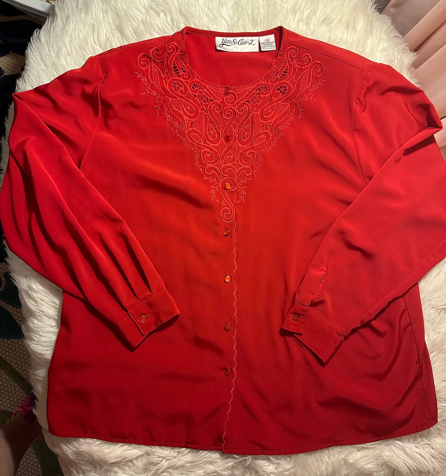 Vintage 80s Yves St. Clair Red Embroidered Blouse Long Sleeve Size 20W Holiday