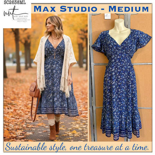 Max Studio Blue Floral Cottagecore Midi Dress Flutter Sleeve Smocked Waist M