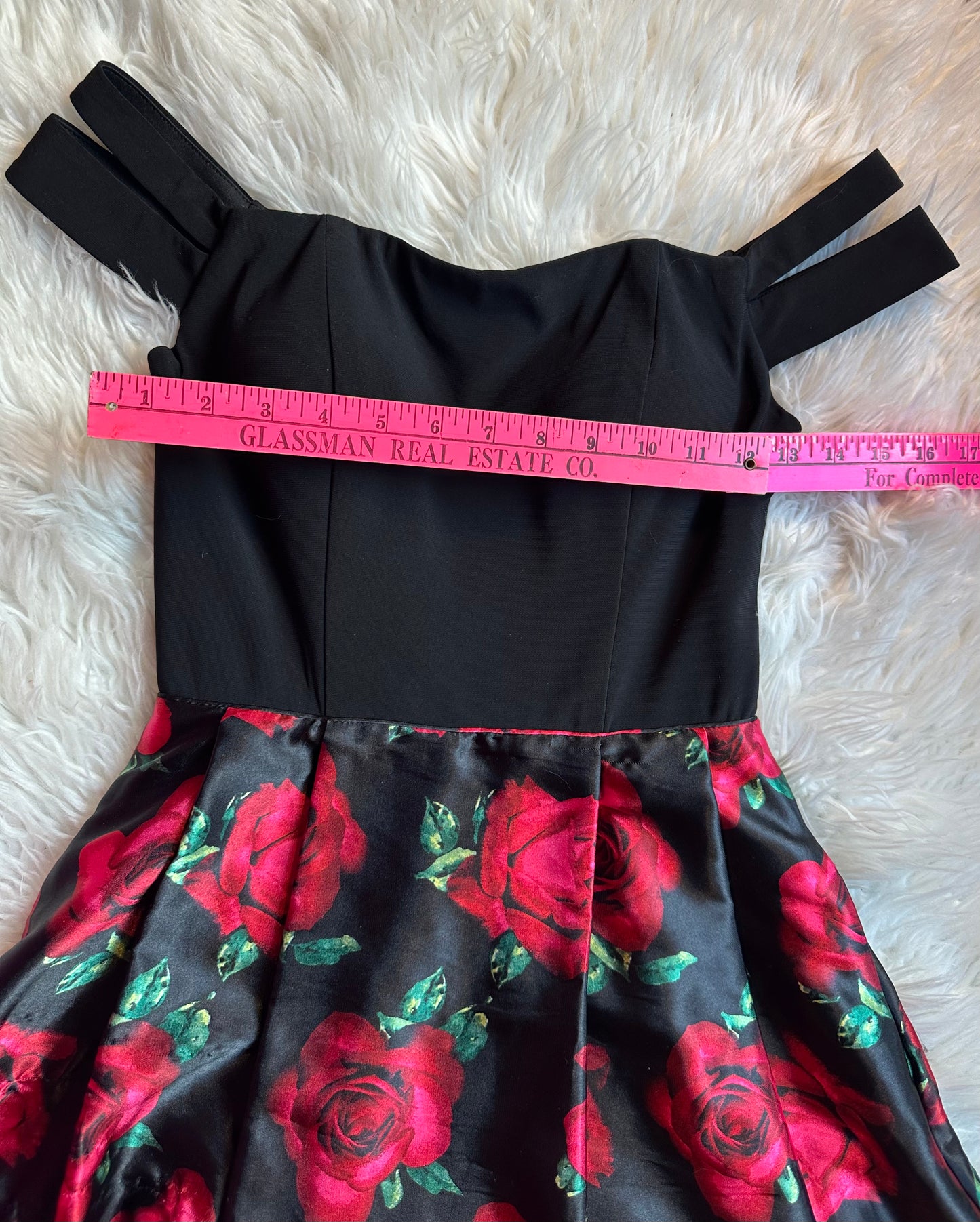 Blondie Nites Black Red Rose Charmeuse Off Shoulder Fit & Flare Dress Size 0