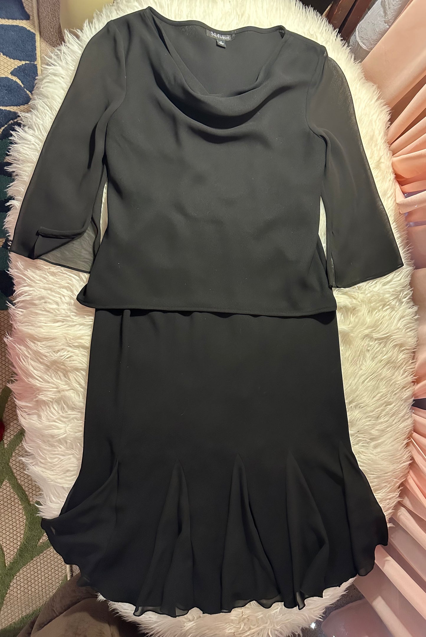 S.L. Fashions Black Chiffon Two-Piece Set Sz 8 Elegant Trumpet Midi Skirt & Top