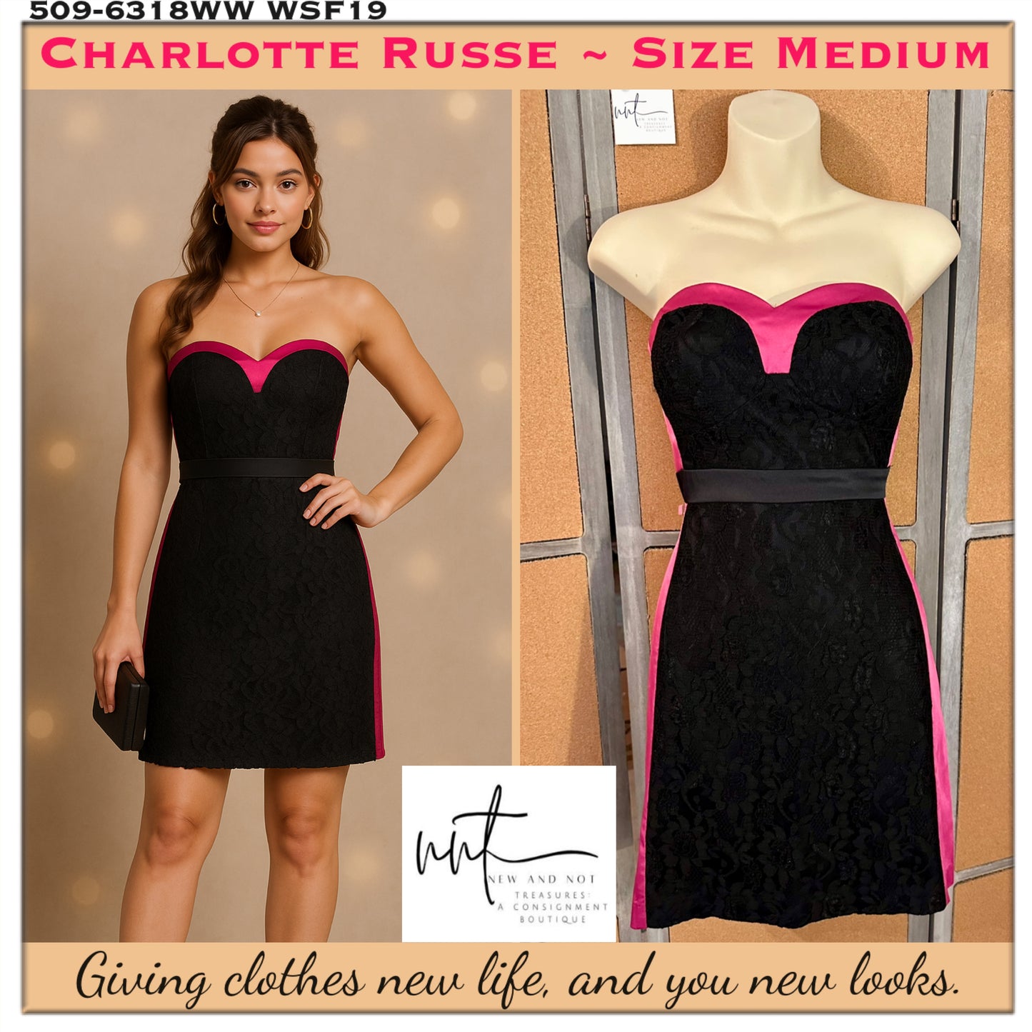 Charlotte Russe Black Lace Strapless Dress w/ Pink Satin Trim – Size Medium