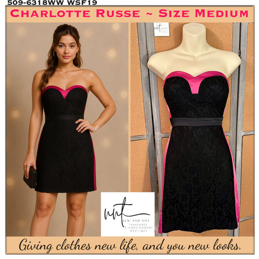 Charlotte Russe Black Lace Strapless Dress w/ Pink Satin Trim – Size Medium