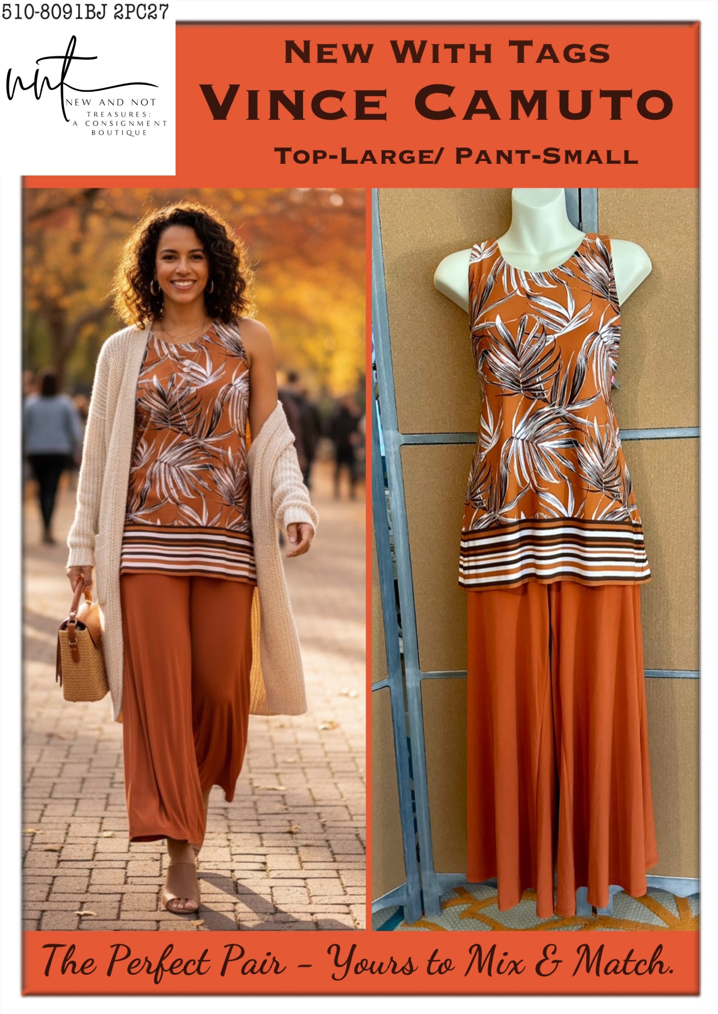 Vince Camuto Easy Breezy Penny Lane 2-Pc Wide Leg Pant Set Large/Small NWT EUC