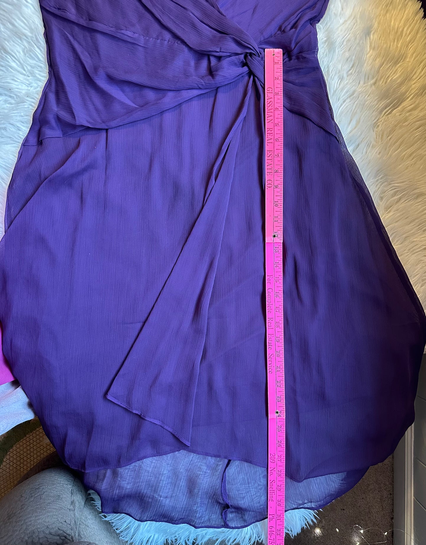 DKNY Purple Chiffon Fit & Flare Midi Dress 3/4 Sleeve Knot Front Sz 14DKNY Purple Chiffon Fit & Flare Midi Dress 3/4 Sleeve Knot Front Sz 14