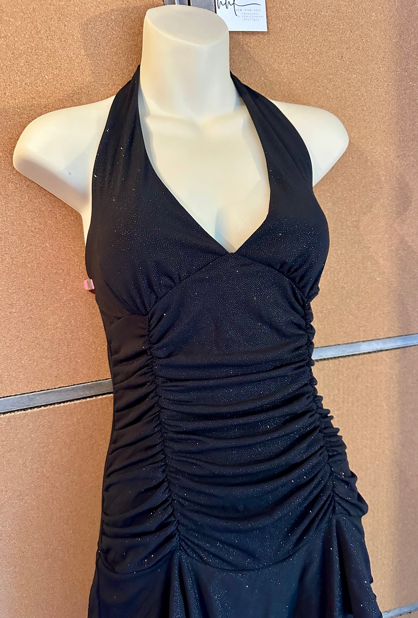 La Belle Vintage Y2K Black Glitter Ruched Halter Tiered Dress Medium Homecoming