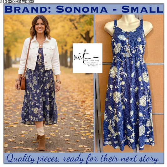 Sonoma Blue Floral Midi Dress Small – Tiered Hi-Lo Hem, Pockets, Adjustable Straps