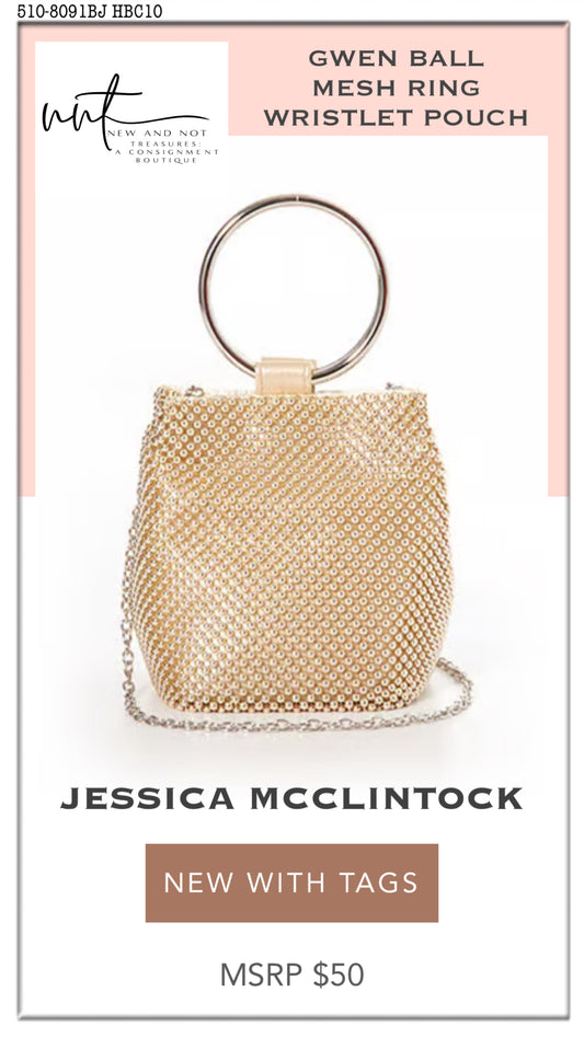Jessica McClintock Gold Gwen Ball Mesh Ring Wristlet Pouch NWT Evening Bag