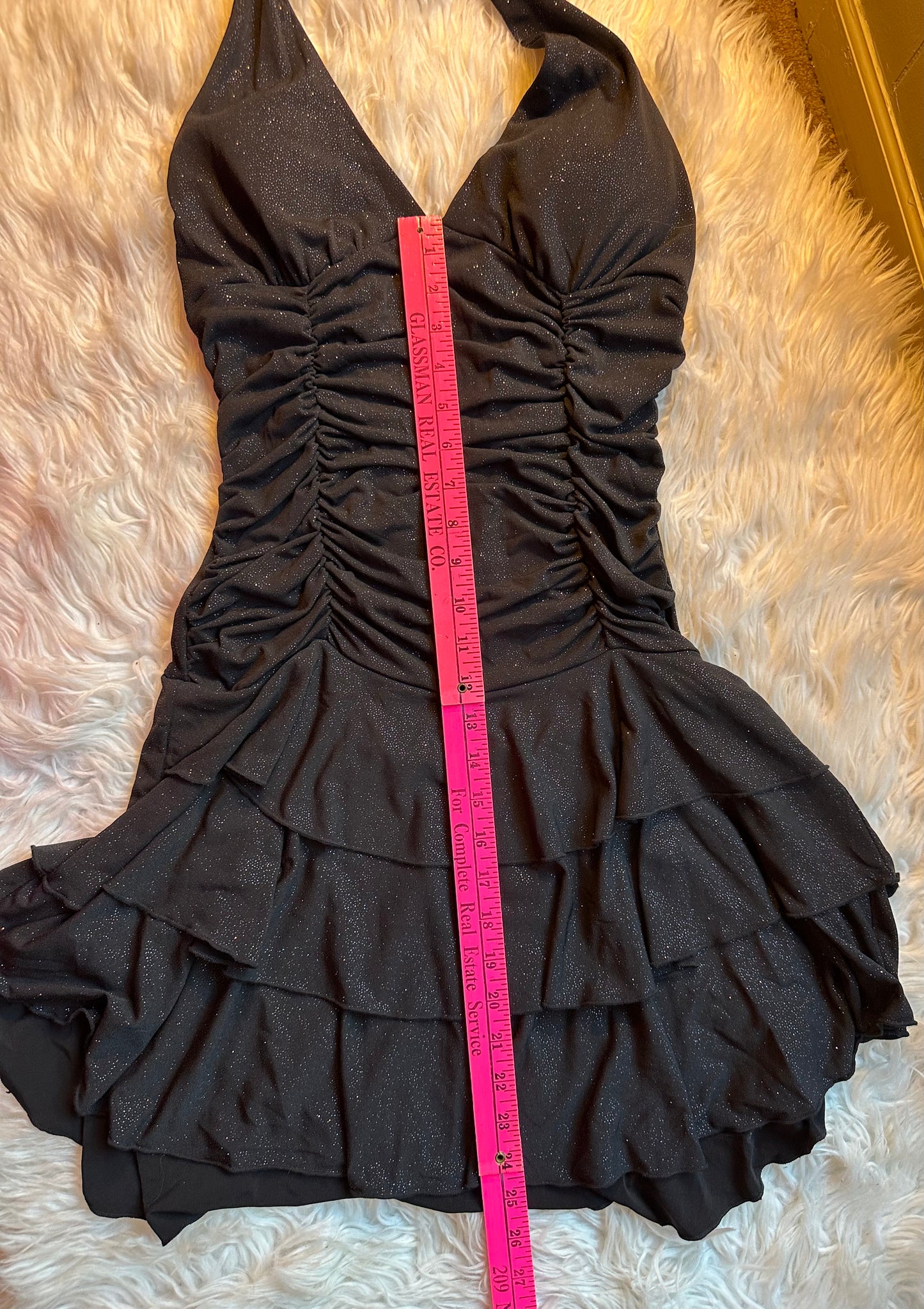 La Belle Vintage Y2K Black Glitter Ruched Halter Tiered Dress Medium Homecoming