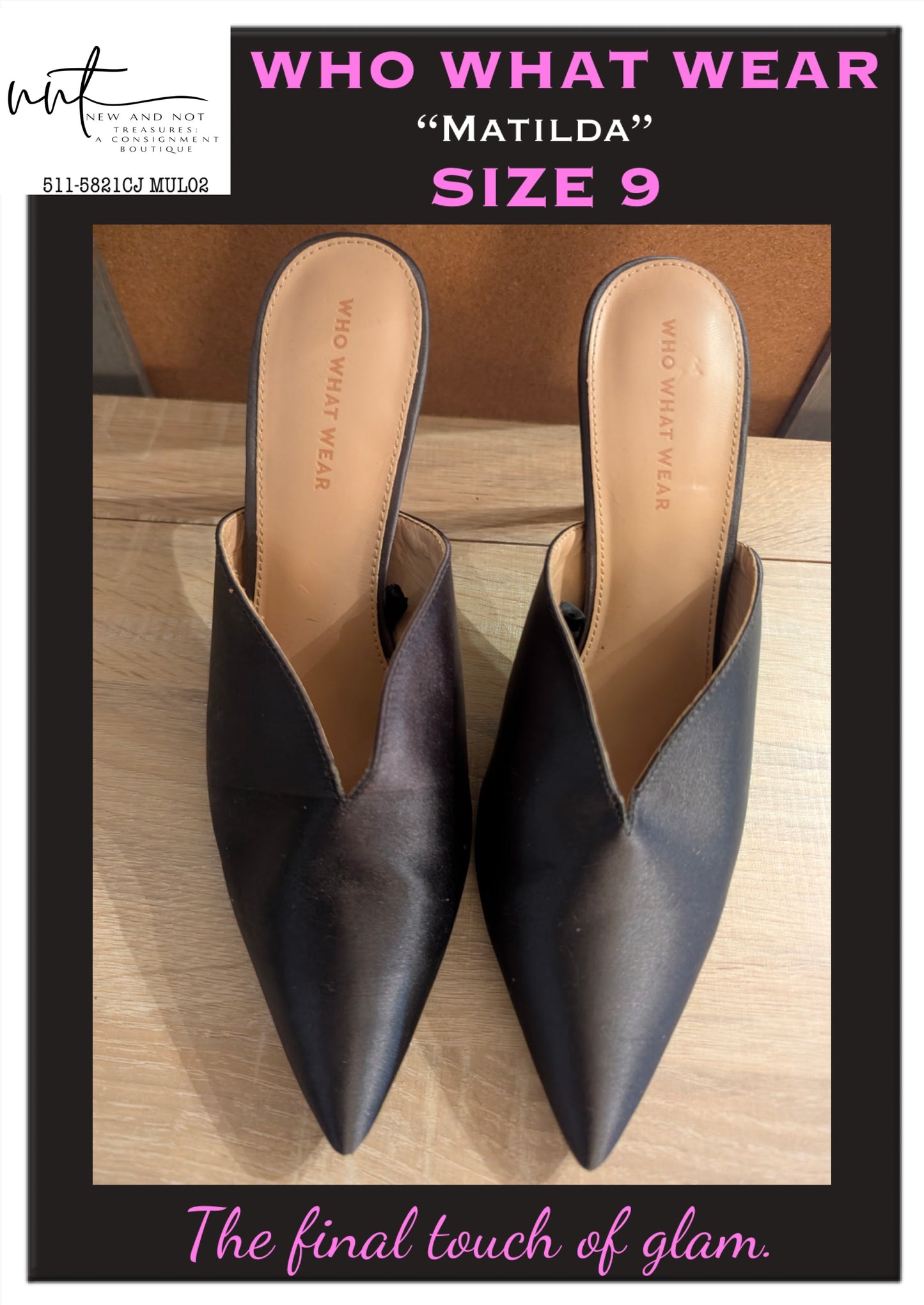 Who What Wear Matilda Black Satin Pointed Toe Stiletto Mules Heels Size 9