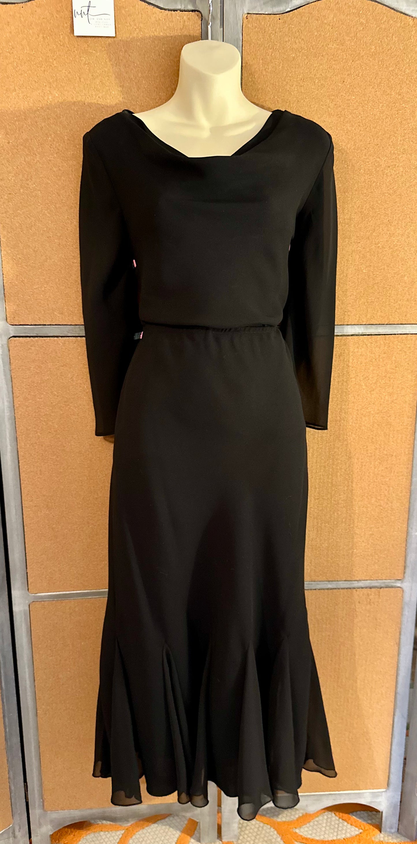 S.L. Fashions Black Chiffon Two-Piece Set Sz 8 Elegant Trumpet Midi Skirt & Top