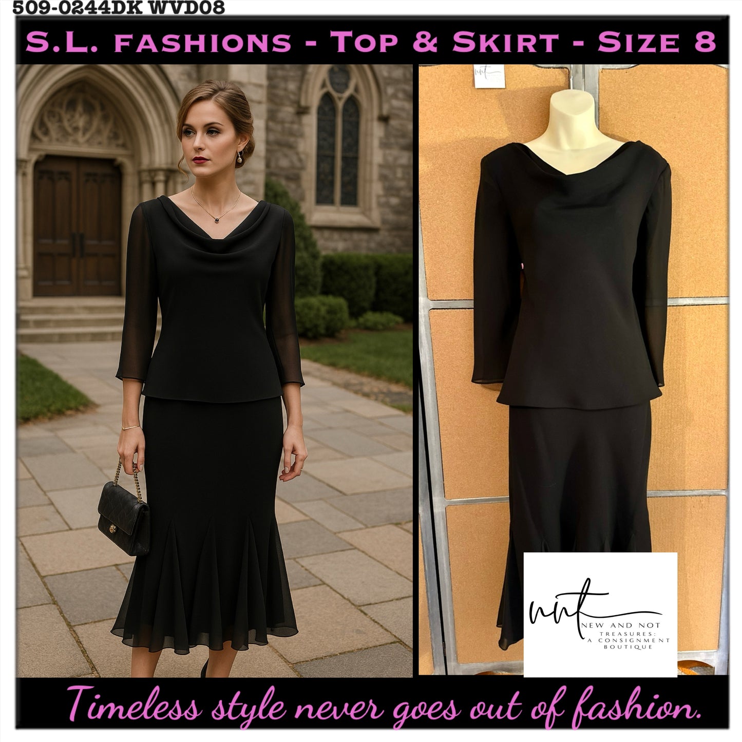 S.L. Fashions Black Chiffon Two-Piece Set Sz 8 Elegant Trumpet Midi Skirt & Top
