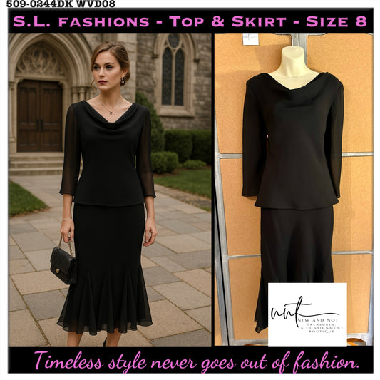 S.L. Fashions Black Chiffon Two-Piece Set Sz 8 Elegant Trumpet Midi Skirt & Top