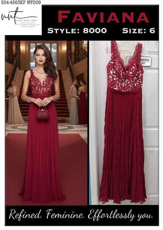 Faviana Style 8000 Merlot Lace V-Neck Formal Gown Size 6 | Evening Dress EUC