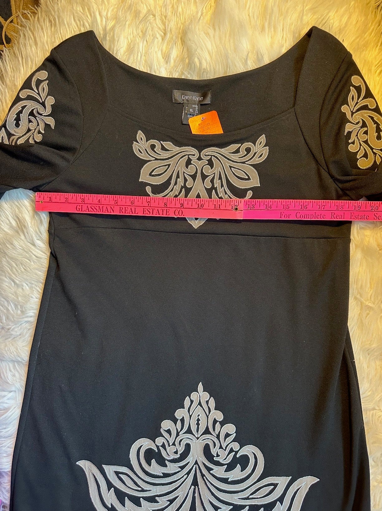 Karen Kane Black Stretch Knit Dress XL Taupe Appliqué Flare Sleeve Cocktail