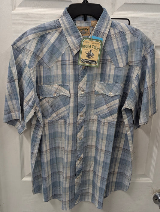 Moda Tech Dark Blue Plaid Pearl Snap Short Sleeve in M
