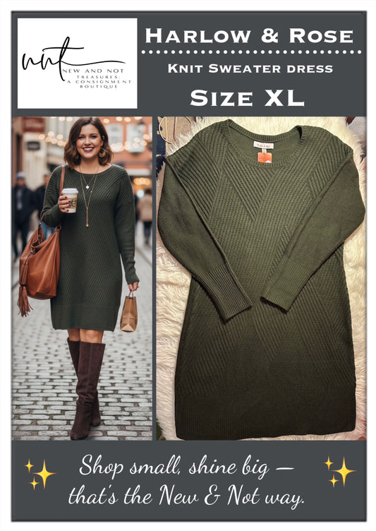 Harlow & Rose Olive Green Textured Knit Sweater Dress Size XL EUC Cozy Chic