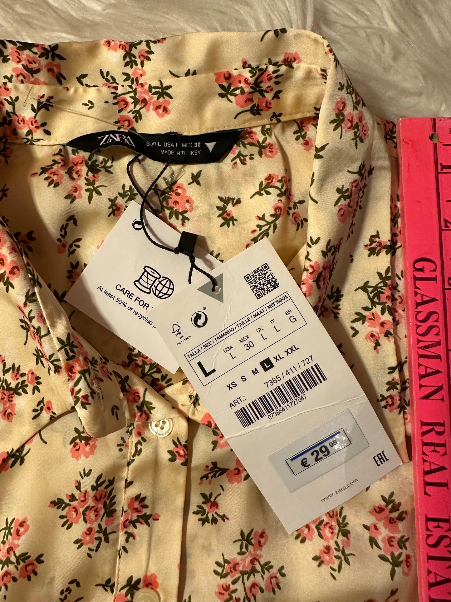 ZARA NWT Floral Satin Blouse Cream Pink Print Long Cuff Ruched Sides Size Large