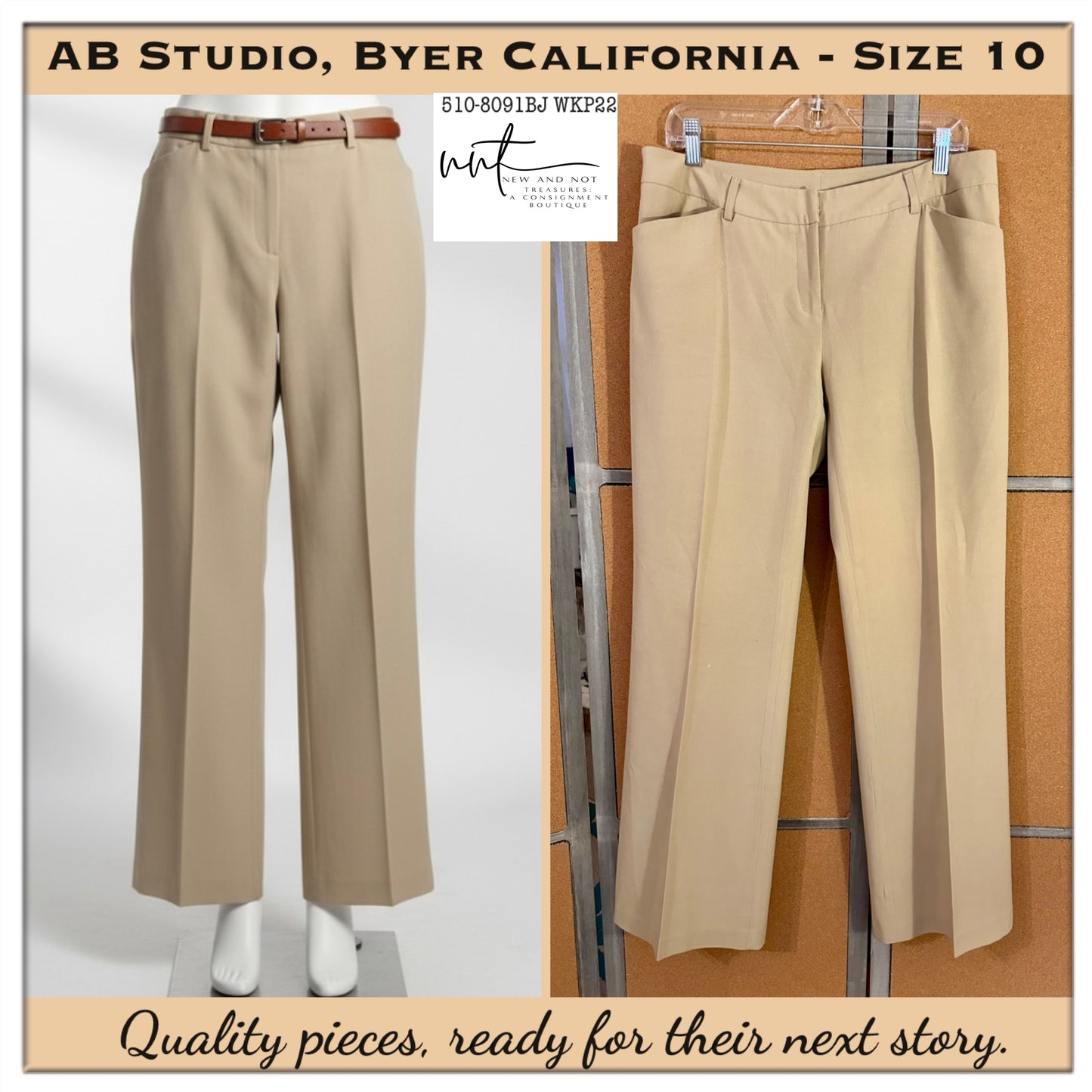 AB Studio Byer California Khaki Dress Pants Size 10 Flat Front Pockets Wide Leg