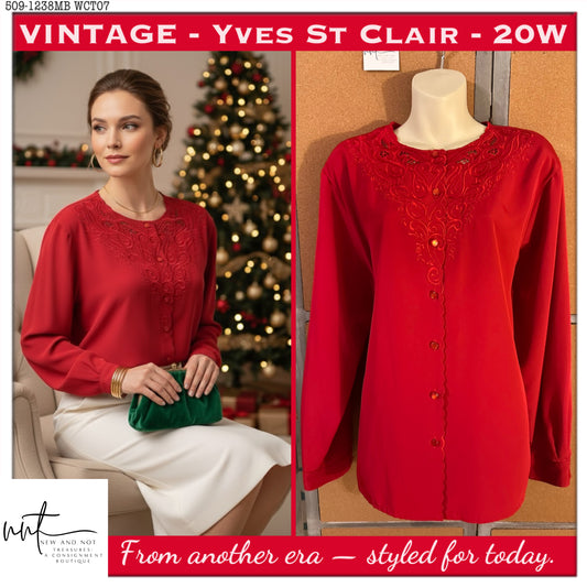 Vintage 80s Yves St. Clair Red Embroidered Blouse Long Sleeve Size 20W Holiday