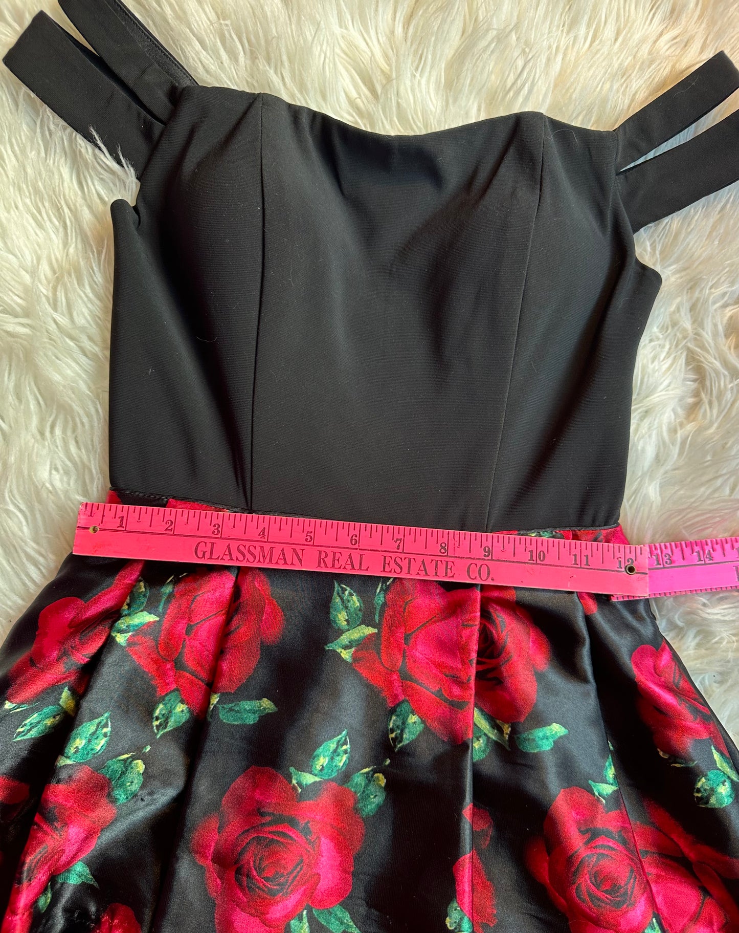 Blondie Nites Black Red Rose Charmeuse Off Shoulder Fit & Flare Dress Size 0