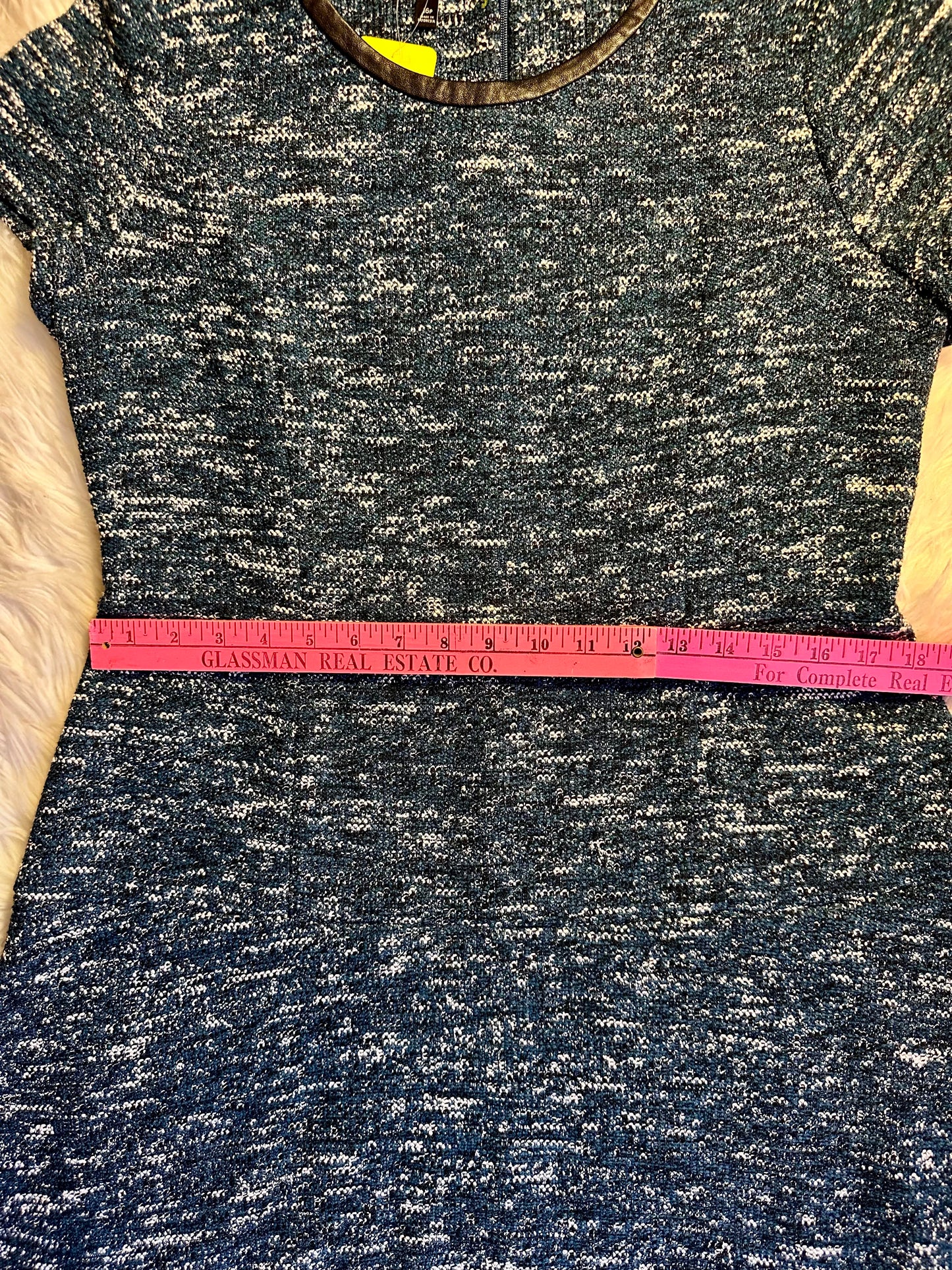 Talbots Blue Tweed Knit Dress Size 16 Faux Leather Trim Short Sleeve Fit & Flare