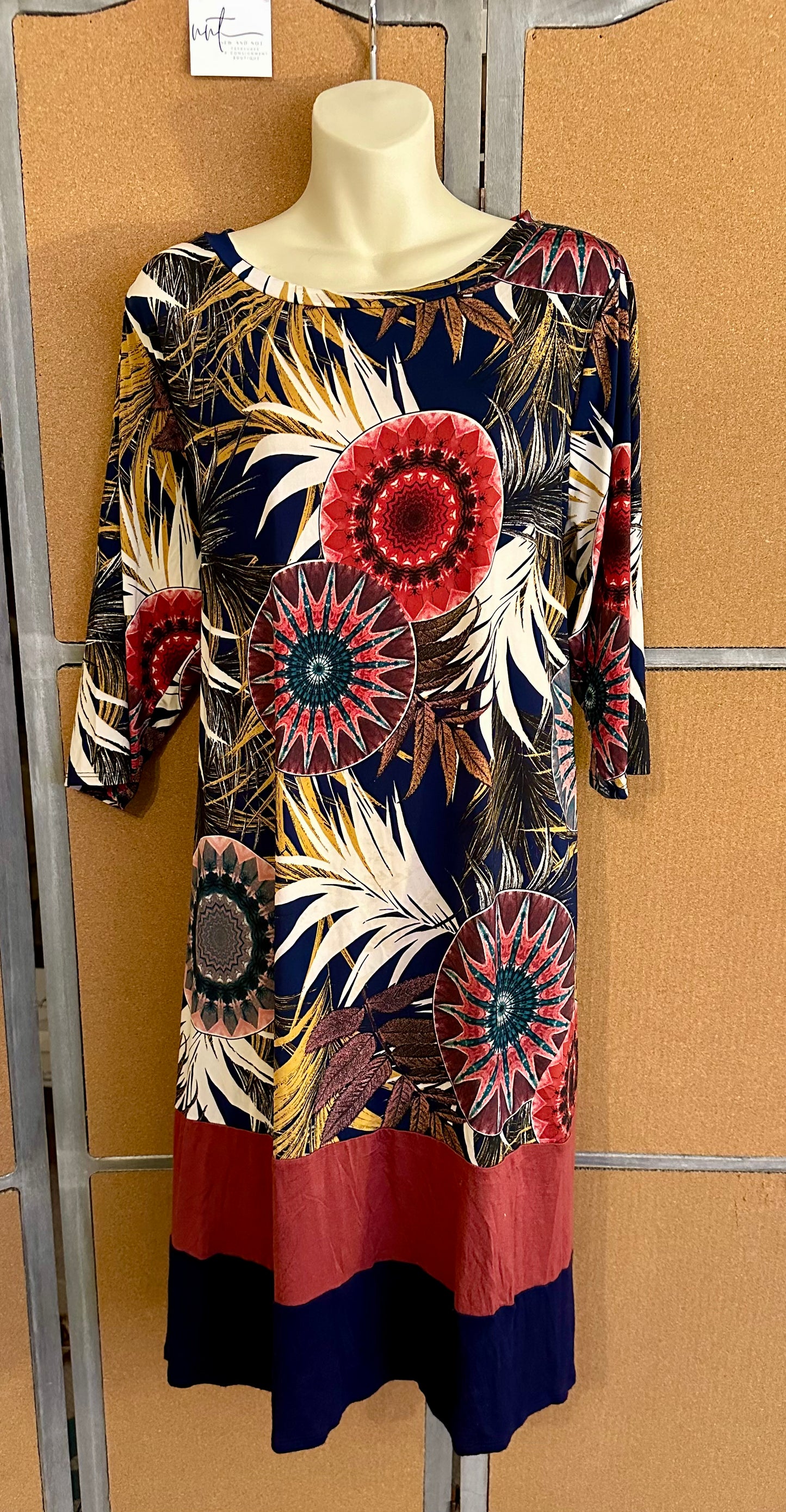 Realize 3X Boho Floral Print Dress Multicolor Stretch Tunic 3/4 Sleeve