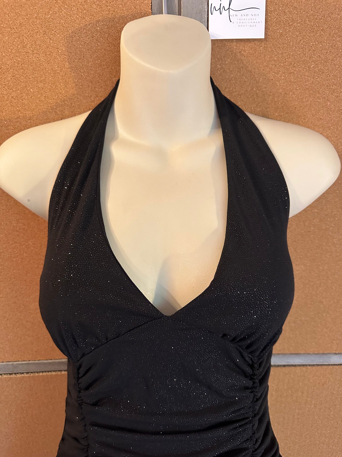 La Belle Vintage Y2K Black Glitter Ruched Halter Tiered Dress Medium Homecoming