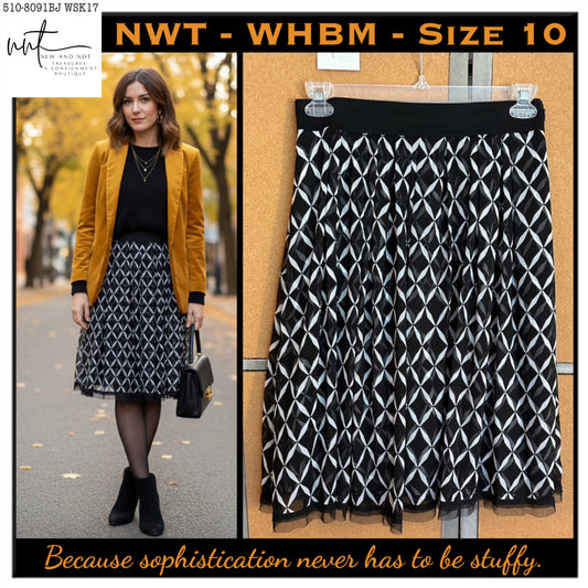NWT $ 88 White House Black Market Geo Print Midi Skirt Black White A-Line Tulle
