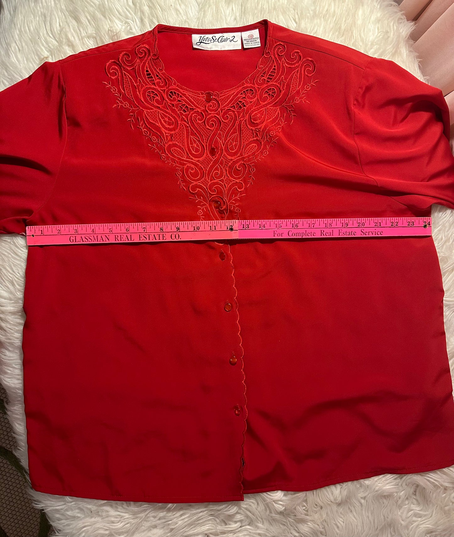 Vintage 80s Yves St. Clair Red Embroidered Blouse Long Sleeve Size 20W Holiday