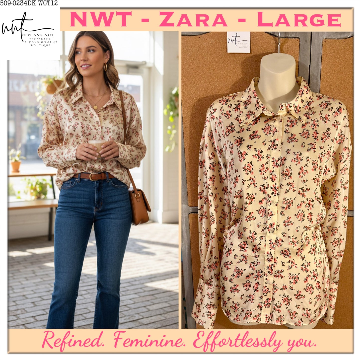 ZARA NWT Floral Satin Blouse Cream Pink Print Long Cuff Ruched Sides Size Large