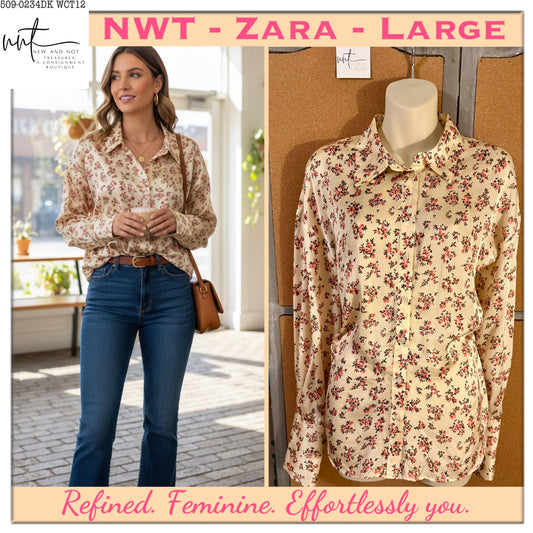 ZARA NWT Floral Satin Blouse Cream Pink Print Long Cuff Ruched Sides Size Large