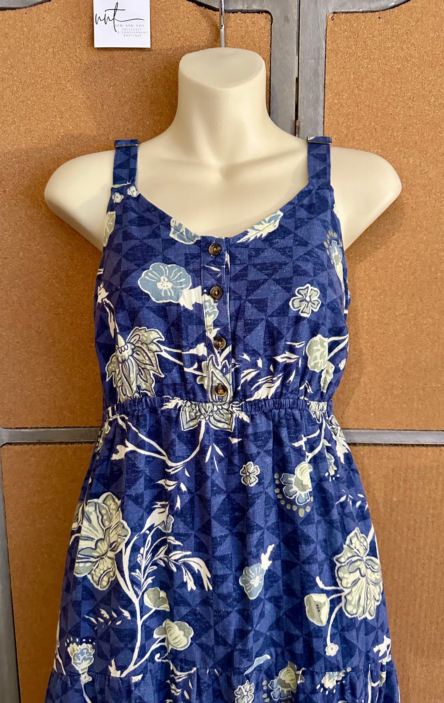 Sonoma Blue Floral Midi Dress Small – Tiered Hi-Lo Hem, Pockets, Adjustable Straps