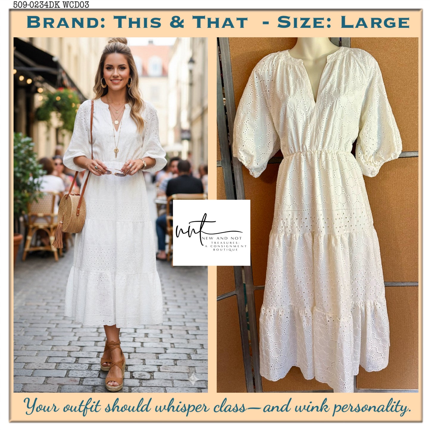 This & That White Eyelet Midi Dress Women’s Large V-Neck ½ Sleeve Tiered Boho