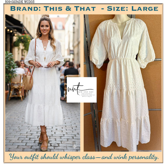 This & That White Eyelet Midi Dress Women’s Large V-Neck ½ Sleeve Tiered Boho