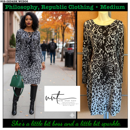 Philosophy Leopard Print Bodycon Sweater Dress Long Sleeve Knit Pullover Size MD