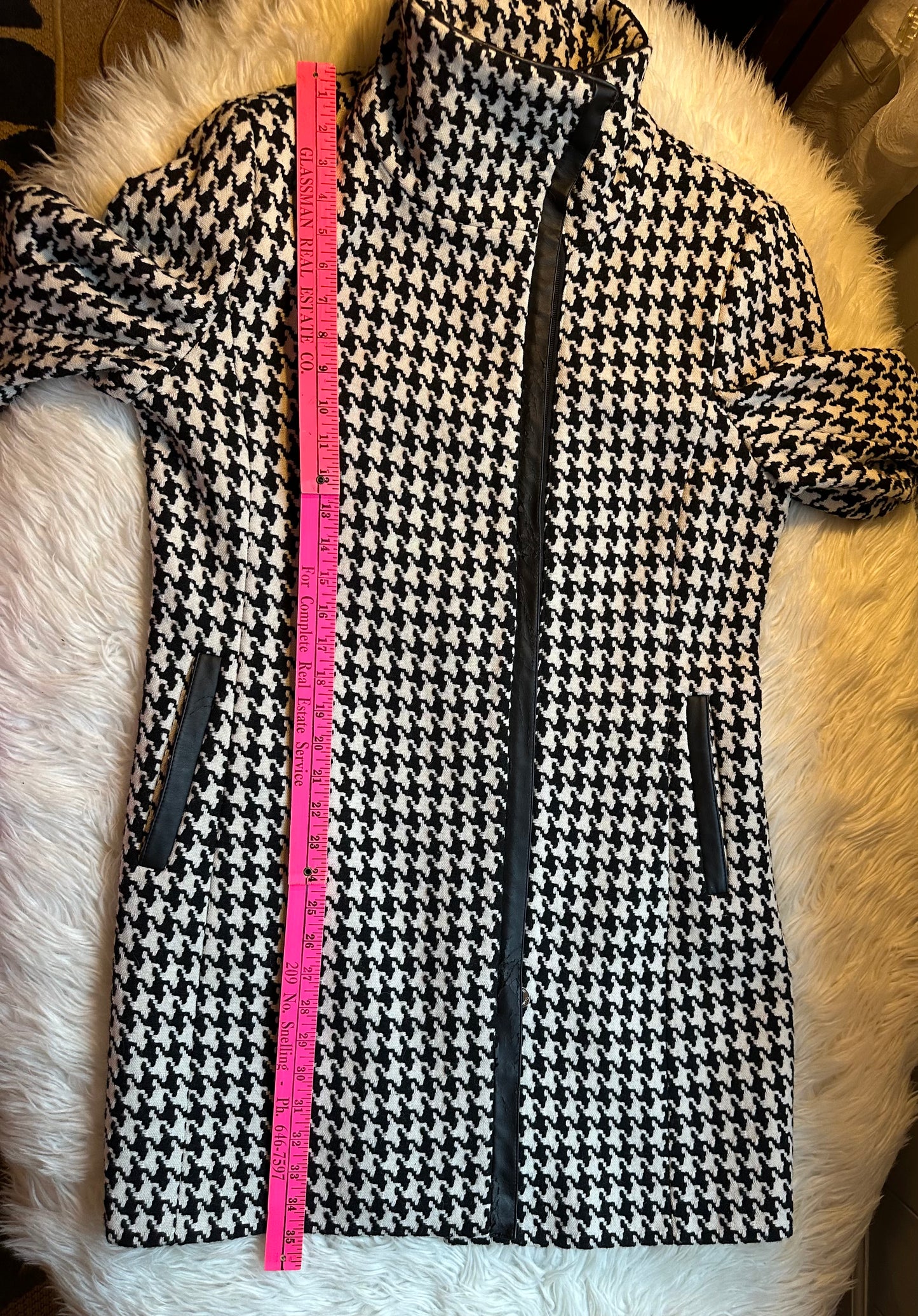 Calvin Klein Black & White Houndstooth Off Center Zip Wool Blend Coat - Size 10