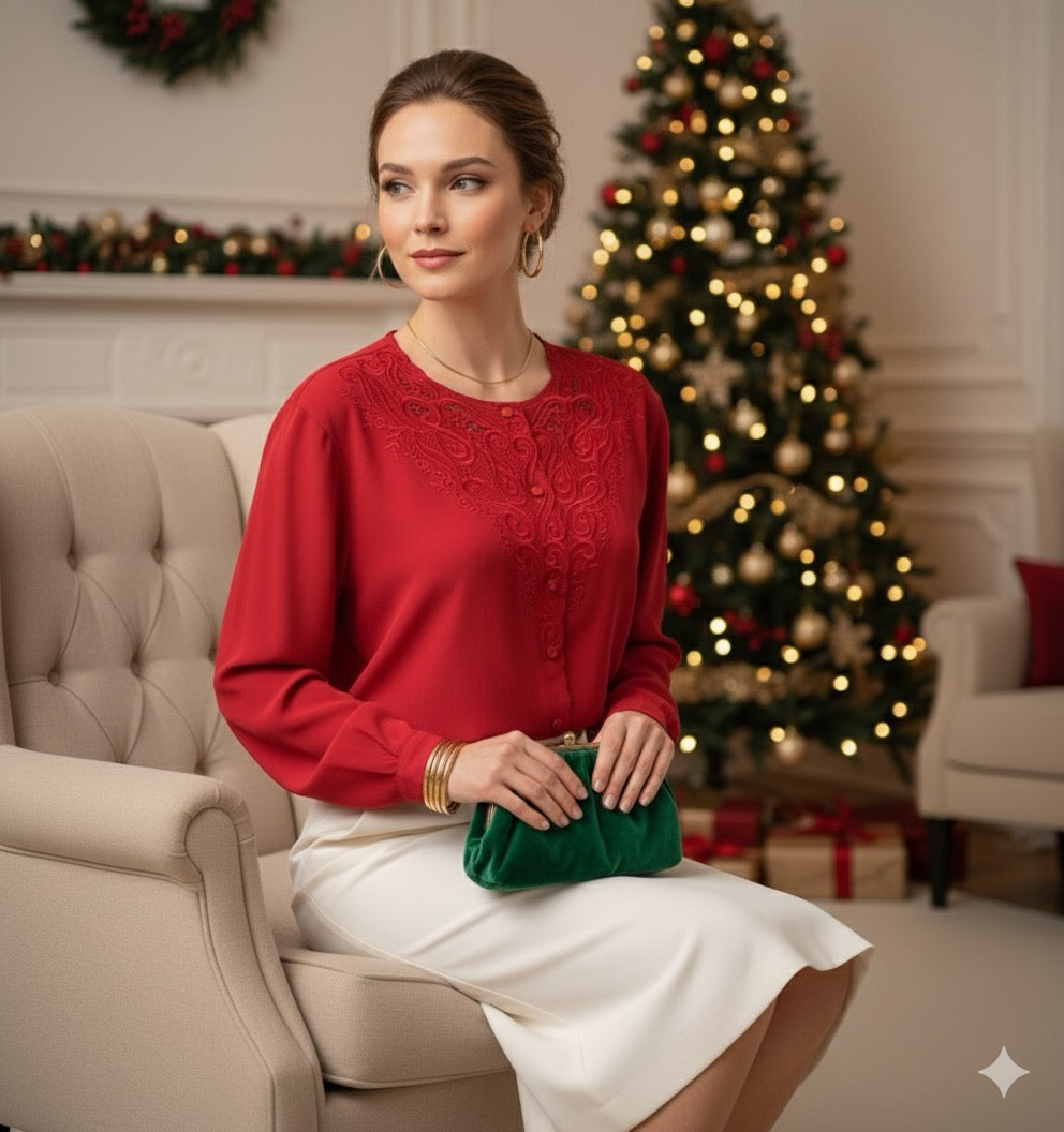 Vintage 80s Yves St. Clair Red Embroidered Blouse Long Sleeve Size 20W Holiday