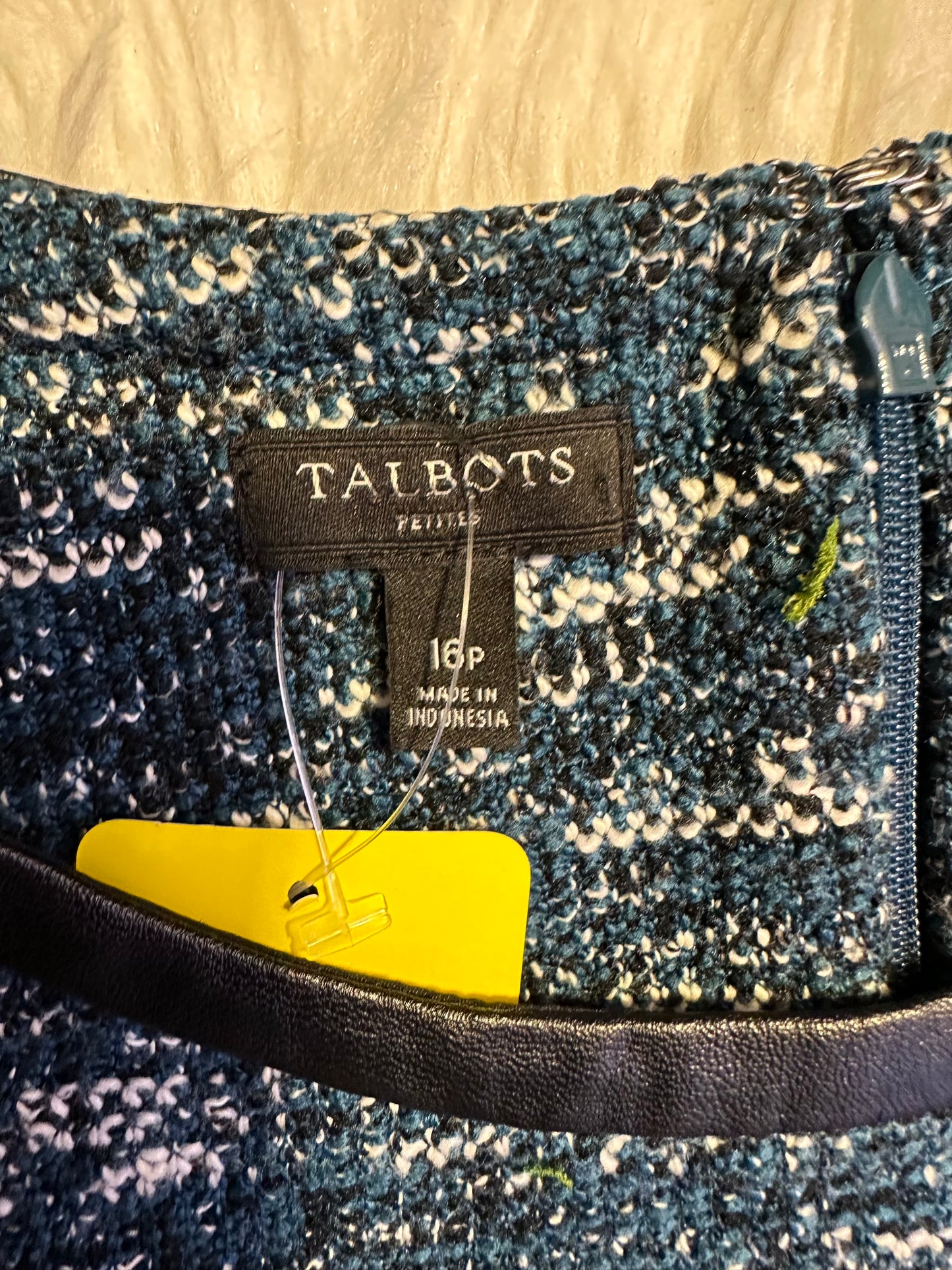 Talbots Blue Tweed Knit Dress Size 16 Faux Leather Trim Short Sleeve Fit & Flare
